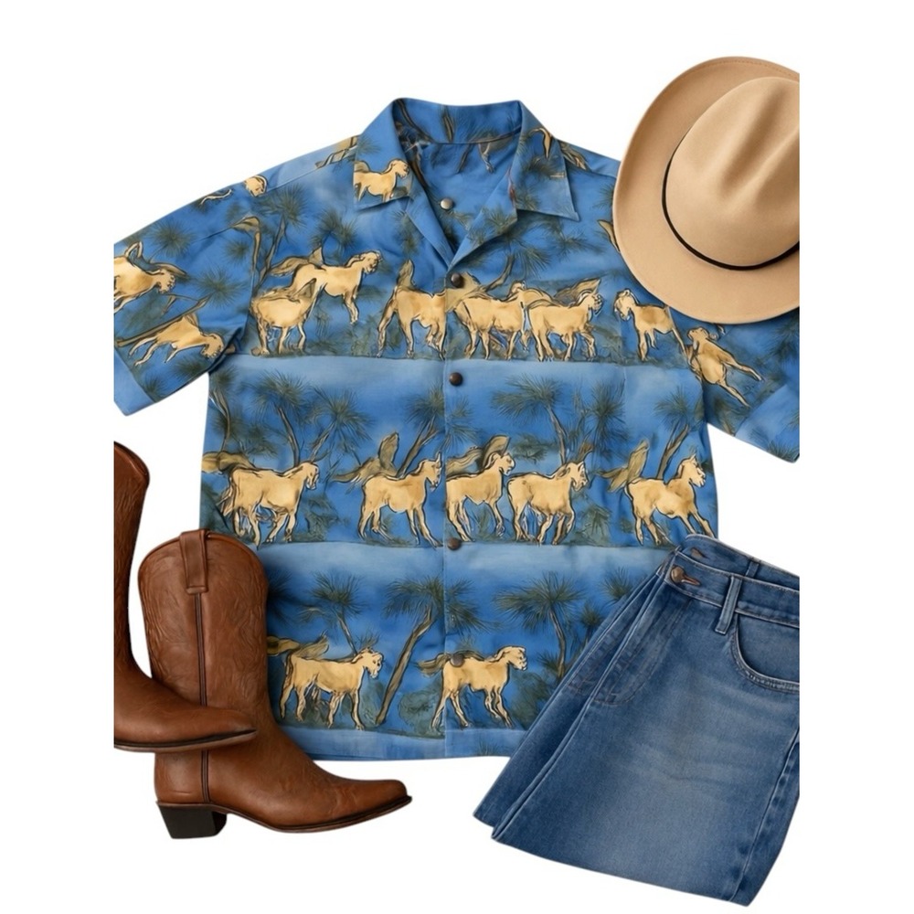 Roper Vintage Horse Print Western Shirt Blue Rodeo Cowboy Hawaiian Mens Sz L EUC